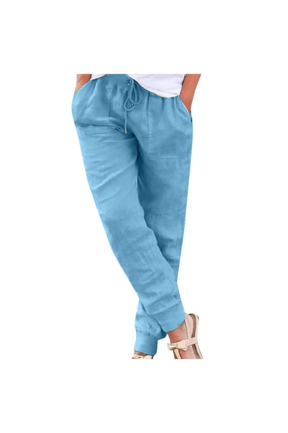Autumn Plus Size Trousers For Women Solid Color Cotton Linen Slacks Drawstring Ankle-Tied Pants With Pockets Design Durable Soft Fabric
