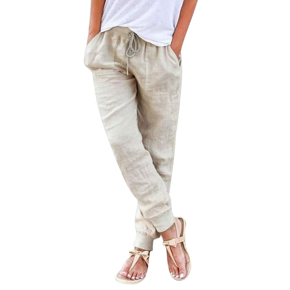 FINALGANG Autumn Trousers For Women Solid Color Cotton Linen Drawstring Pants Wide Leg Ankle-Tied Slacks With Pockets Design Durable Soft Fabric
