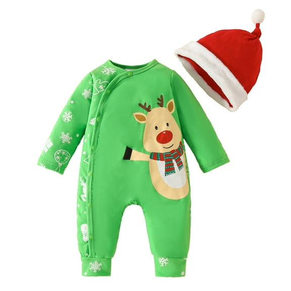 FINALGANG Baby Boy Girl Jumpsuit Cute Cartoon Reindeer Prints Long Sleeve Crewneck Buttoned Romper With Hat For Holiday Season Cute Onesie