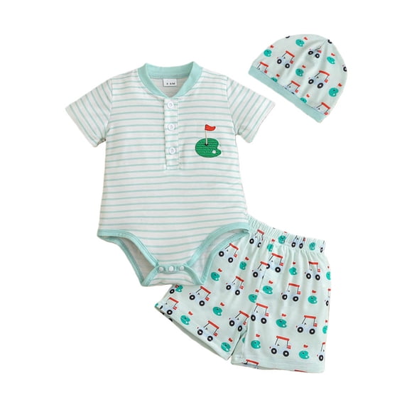 FINALGANG Baby Boys 3 Piece Outfit Set Short Sleeve Striped Golf Embroidered Henley Bodysuit Elastic Waist Shorts Matching Hat Clothes Set For Daily Wear Soft Outfit