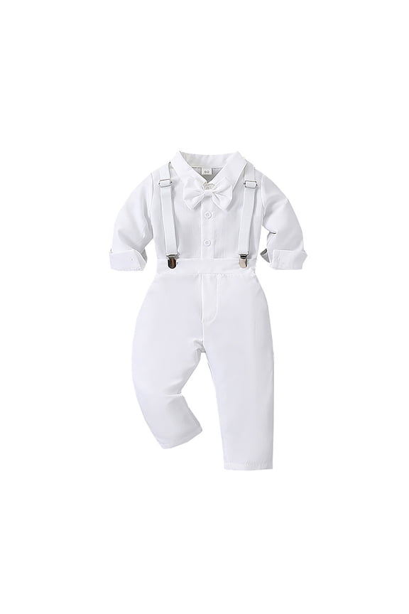 Baby Boys Point Collar Long Sleeve Button Down Shirt With Removable Suspender Pants Bow Tie Three Piece Formal Outfit Set For Weddings Special Occasions Cozy Outfit
