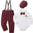 thumbnail image 1 of FINALGANG Baby Boys Point Collar Long Sleeve Dot Print Bodysuit With Bow Tie Suspender Pants Newsboy Cap Four Piece Formal Outfit Set For Daily Wear Stylish Outfit, 1 of 8