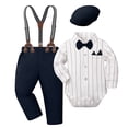 thumbnail image 1 of FINALGANG Baby Boys Point Collar Long Sleeve Dot Print Bodysuit With Bow Tie Suspender Pants Newsboy Cap Four Piece Formal Outfit Set For Infants Daily Wear Trendy Outfit, 1 of 8