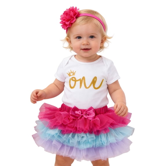 FINALGANG Baby Girl 3 Piece Jumpsuit Set Letter Print Short Sleeve Crewneck Bodysuit Colorful Tutu Skirt Matching Floral Headband For Daily Party Wear Soft Set