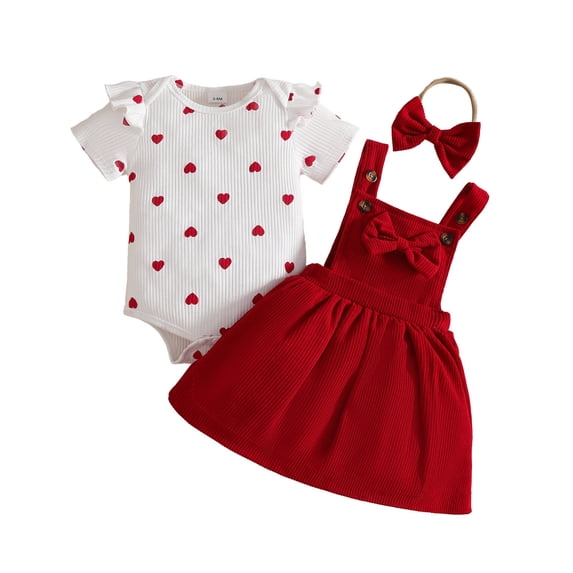 FINALGANG Baby Girl 3 Piece Outfit Set Ruffle Sleeve Crewneck Heart Graphic Bodysuit Bow Embroidered Suspender Skirt Matching Headband Clothes Set For Daily Wear Leisure Outfit