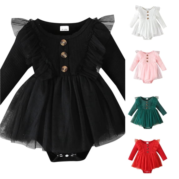 FINALGANG Baby Girls Crew Neck Solid Ruffle Mesh Tutu Bodysuit Dress Party Regular Fit Long Sleeve Button Decor Rib Knit One Piece Romper Dress For Infant Girls Stylish Romper 18-24 Months