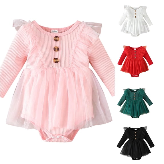 FINALGANG Baby Girls Crew Neck Solid Ruffle Mesh Tutu Bodysuit Dress Party Regular Fit Long Sleeve Button Decor Rib Knit One Piece Romper Dress For Girls Classic Romper 6-12 Months