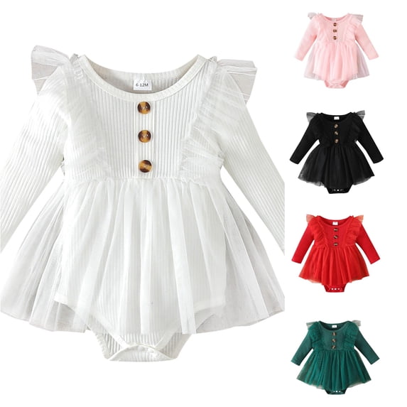 FINALGANG Baby Girls Crew Neck Solid Ruffle Mesh Tutu Bodysuit Dress Party Regular Fit Long Sleeve Button Decor Rib Knit One Piece Romper Dress For Infant Girls Holiday Romper 18-24 Months