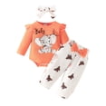 thumbnail image 1 of FINALGANG Baby Girls Round Neck Long Sleeve Elephant Print Ribbed Bodysuit Butterfly Print Pants With Bow Matching Headband Three Piece Outfit Set For Casual Wear Trendy Outfit, 1 of 4