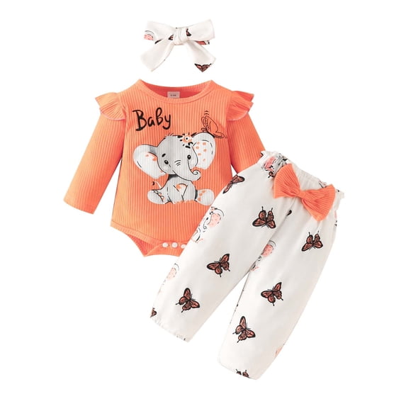 FINALGANG Baby Girls Round Neck Long Sleeve Elephant Print Ribbed Bodysuit Butterfly Print Pants With Bow Matching Headband Three Piece Outfit Set For Casual Wear Trendy Outfit