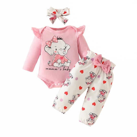 FINALGANG Baby Girls Round Neck Long Sleeve Elephant Print Ribbed Bodysuit Butterfly Print Pants With Bow Matching Headband Three Piece Outfit Set For Casual Wear Trendy Outfit