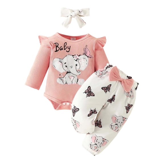FINALGANG Baby Girls Round Neck Long Sleeve Elephant Print Ribbed Bodysuit Butterfly Print Pants With Bow Matching Headband Three Piece Outfit Set For Casual Wear Classic Outfit