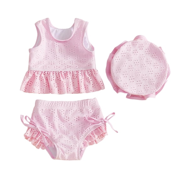 FINALGANG Baby Girls Round Neck Three Piece Swimsuit Set With Eyelet Embroidery Sleeveless Ruffled Top Brief Matching Swim Hat For Toddlers Summer Beach Days Classic Outfit