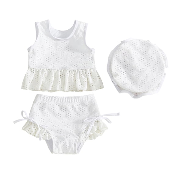 FINALGANG Baby Girls Round Neck Three Piece Swimsuit Set With Eyelet Embroidery Sleeveless Ruffled Top Brief Matching Swim Hat For Toddlers Summer Beach Days Leisure Outfit