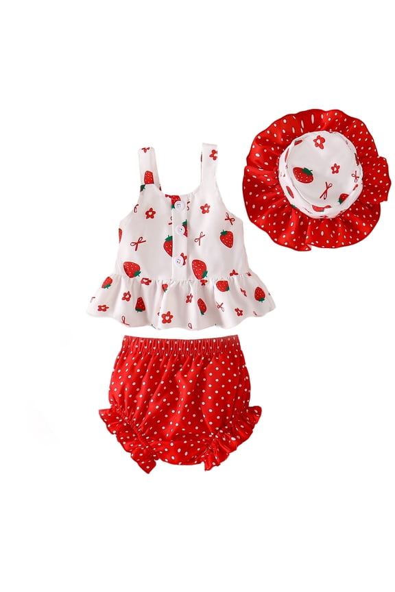Baby Girls Three Piece Strawberry Outfit Set Strawberry Print Ruffle Hem Cami Top Striped Shorts Matching Sun Hat Summer Set For Daily Wear Stylish Outfit