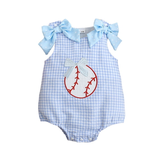 FINALGANG Baby Girls V Neck Gingham Check Baseball Embroidery Romper Summer Casual Regular Fit Sleeveless Polka Dot Bow Strap Snap Crotch Bubble Bodysuit For Girls Classic Romper 3-6 Months
