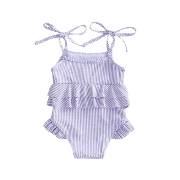 FINALGANG Baby Toddler Girls Tie Spaghetti Strap Stripe Tiered Ruffle One Piece Swimsuit Summer Pool Regular Fit Breathable Quick Dry Bathing Suit For Girls Leisure Swimwear 18-24 Months