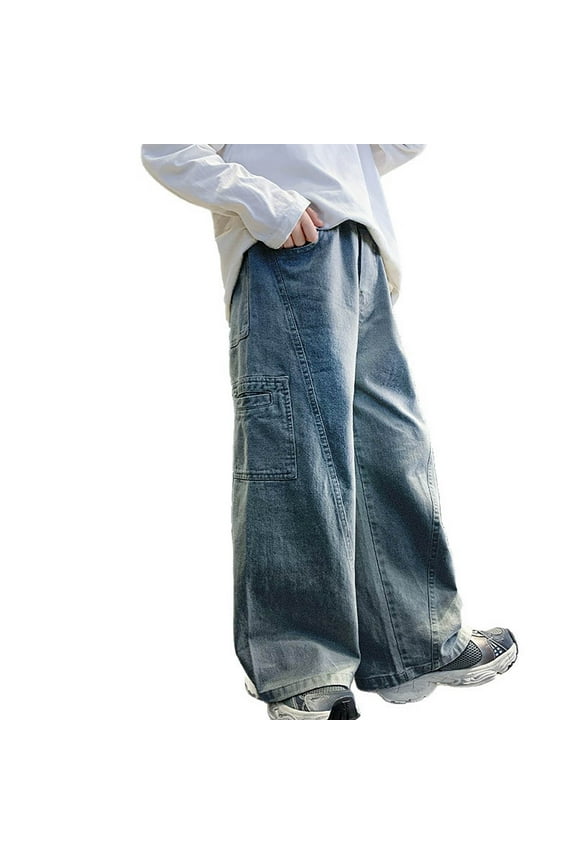 Boy Leisure Pants Solid Color Patchwork Cargo Trousers Quick Drying Denim Slacks With Pockets For 4-12 Years Durable Skin Friendly Fabric For Kid