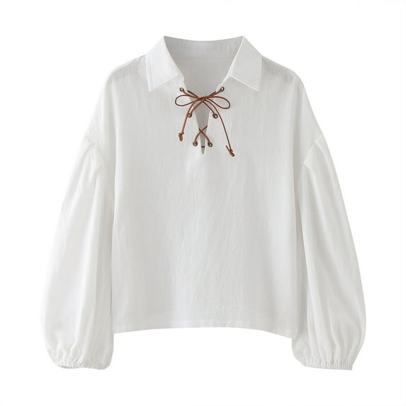 FINALGANG Boy Versatile Top Solid Color Turndown Collar Long Sleeve Vintage Shirt Lace Up Halloween Perform Top Leisure Breathable Comfort Wear
