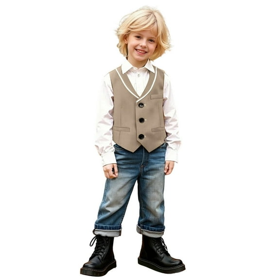 FINALGANG Boy's Top Fall Winter Kids Solid Color V Neck Knit Vest With Contrast Trim Sleeveless Relaxed Fit Vest For Daily School Occasions Trendy Top