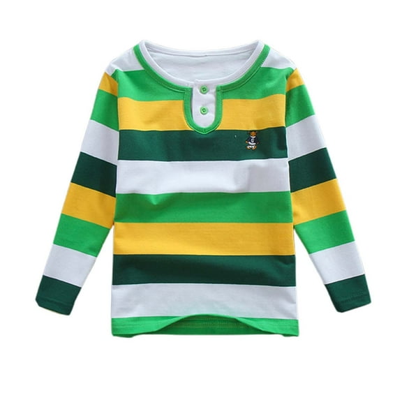 FINALGANG Boy's Top Spring Kids Colorful Striped Henley Shirt With Cartoon Embroidery Long Sleeve Loose Fit Pullover For Daily Outdoor Wear Trendy Top