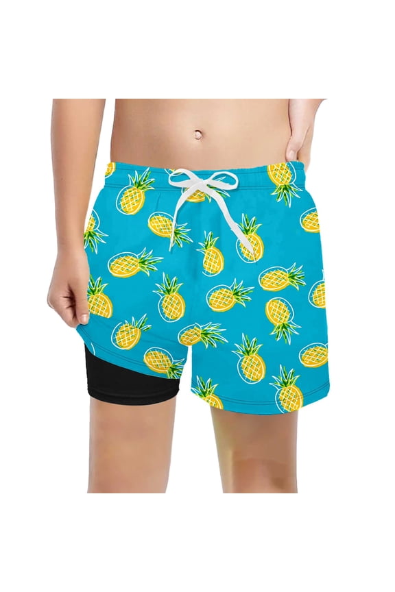 Boys 2 in 1 Swim Trunks Kids Pineapple Print Quick Dry Beach Shorts With Stretchy Slim Fit Liner Casual Swimwear For Pool Beach Activities Light Blue 10-12 Years