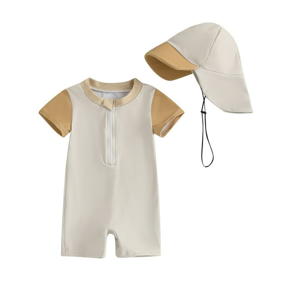 FINALGANG Boys Baby 2 Piece Onesie Swimsuit Set Short Sleeve Half Zip Crewneck Rash Guard Bathing Suit With Hat For Beach Pool Summer Water Play Stylish Swimwear