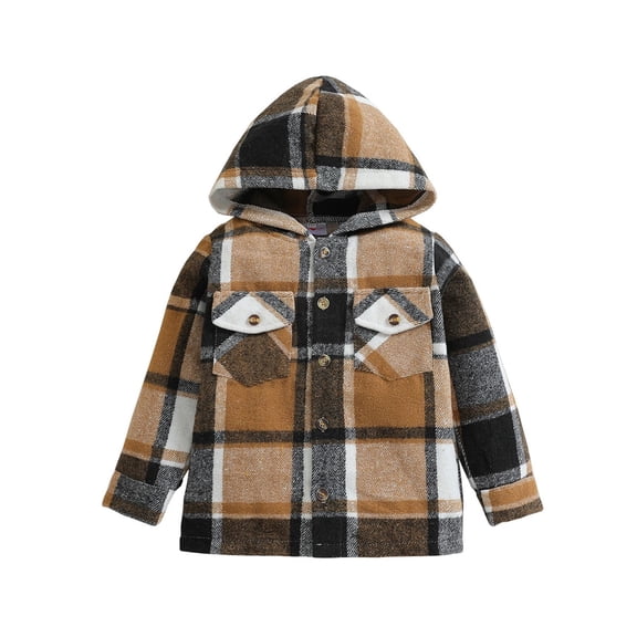 FINALGANG Boys Coat Autumn Winter Kids Plaid Hooded Button Front Jacket Long Sleeve Loose Fit Coat For Outdoor Activities Warm Outerwear