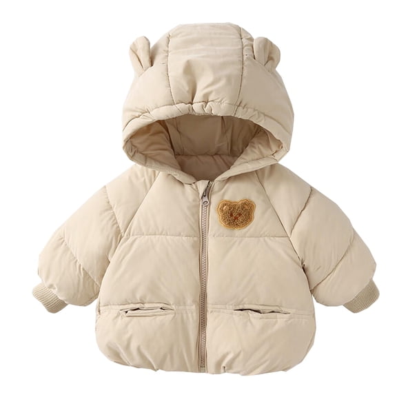 FINALGANG Boys Coat Baby Winter Thermal Cotton Padded Coat Solid Color Long Sleeve Zipper Hood Jacket With Cartoon Patch For Cold Weather Lovely Outerwear