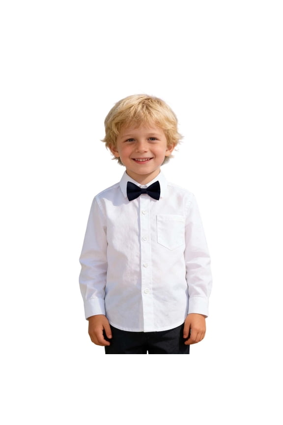 Boys Formal Shirt Kids Long Sleeve Lapel Button Front White Dress Shirt With Solid Color Bow Tie For Daily School Event Party Wear Soft Top