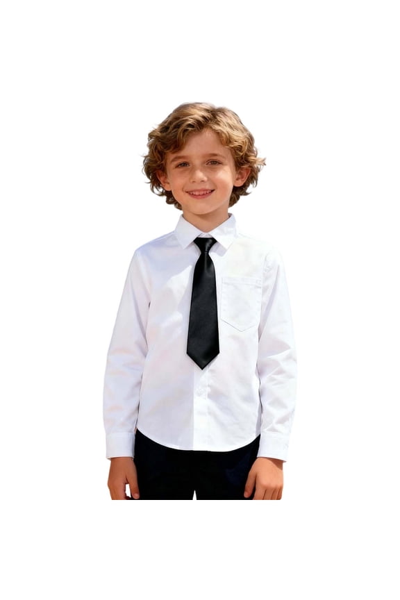 Boys Formal Shirt Kids Long Sleeve Lapel Button Front White Dress Shirt With Solid Color Tie For Daily School Event Party Wear Stylish Top