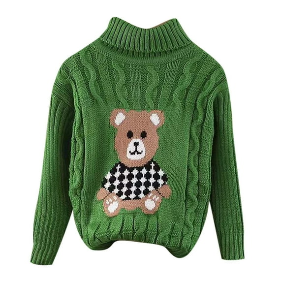 FINALGANG Boys Girls Intarsia Turtleneck Sweater Kids Cartoon Pattern Ribbed Long Sleeve Relaxed Fit Jumper For Cold Weather Casual Daily Wear Green 18-24 Months Soft Knitwear