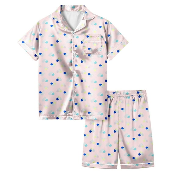FINALGANG Boys Girls Kids 2 Piece Homewear Set Heart Print Short Sleeve Collared Buttoned Top Loose Fit Shorts For Casual Daily Home Relaxation Soft Set