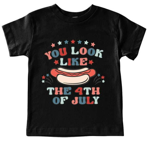 FINALGANG Boys Girls Kids Cartoon Hot Dog Graphic T-Shirts Casual Crewneck Loose Fit Short Sleeve Tees For Independence Day Celebration Daily Wear Black 6-8 Years