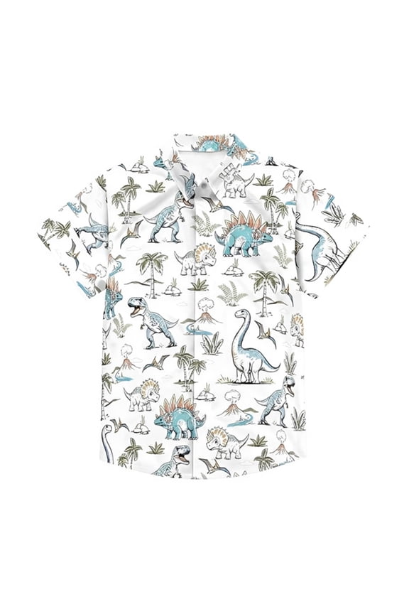 Boys Girls Kids Dinosaur Print Button Down Shirt With Spread Collar Short Sleeve For Casual Daily Wear Summer Outings Classic Top