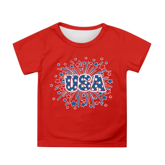 FINALGANG Boys Girls Kids Independence Letter American Flag Print T-Shirts Casual Crewneck Short Sleeve Loose Fit Graphic Tees For Holiday Daily Wear Red 3-4 Years