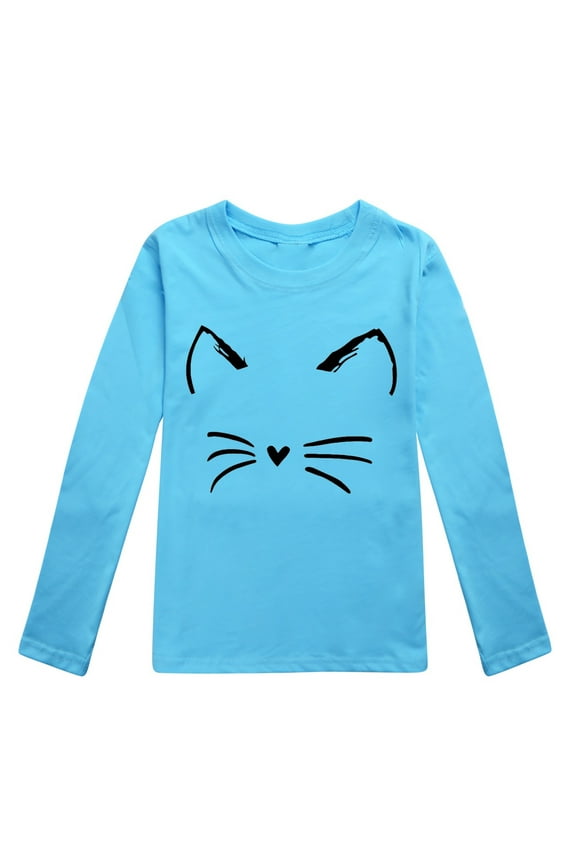 Boys Girls Kids Long Sleeve TShirts With Cat Print CrewNeck Relaxed Fit Casual Top For Playtime Daily Wear Versatile Top