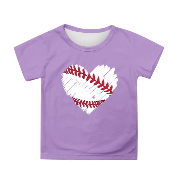 FINALGANG Boys Girls Kids Short Sleeve TShirts Baseball Stitching Heart Graphic Print Crewneck Relaxed Fit Casual Tees For Summer Daily Wear Purple 5-6 Years