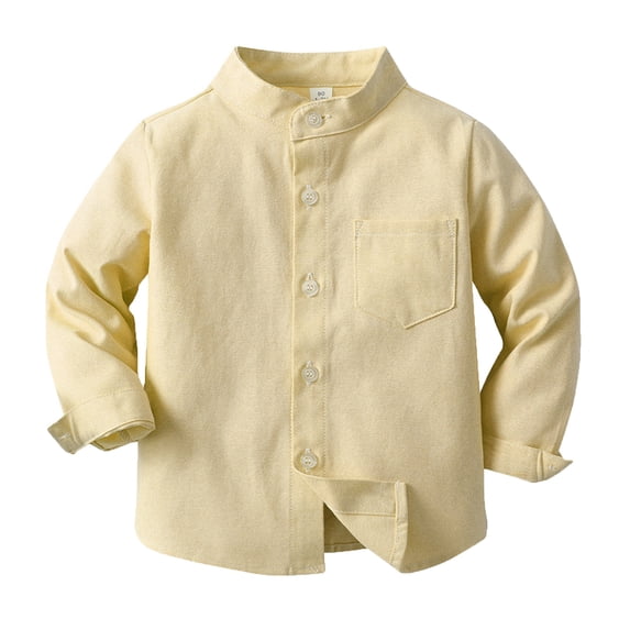 FINALGANG Boys Girls Kids Solid Color Long Sleeve Shirt With Mandarin Collar Button Closure Bust Pockets Soft Casual Tees For Playtime Daily Wear Yellow 3-4 Years