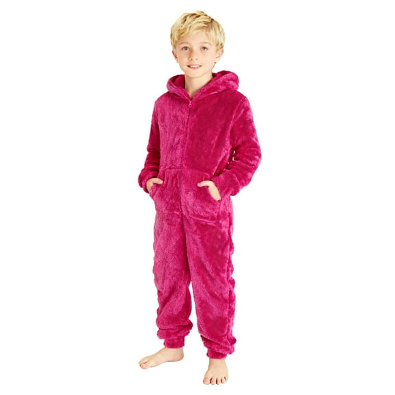 FINALGANG Boys Girls Plush Onesie Warm Solid Color Long Sleeve Hooded Zip Up Fuzzy Jumpsuit With Pockets Child Trendy Climbing Hiking Camping Cycling One-Pieces,Hot Pink,2Y