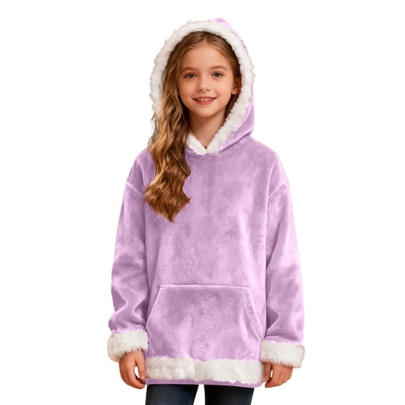 FINALGANG Boys Girls Sweatshirt Kids Solid Color Plush Hoodie With Contrast Fuzzy Trim Kangaroo Pocket Long Sleeve Soft Loose Fit Pullover For Cozy Festive Daily Wear Activities Cute Top