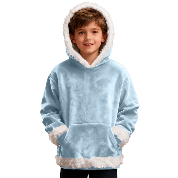 FINALGANG Boys Girls Sweatshirt Kids Solid Color Plush Hoodie With Contrast Fuzzy Trim Kangaroo Pocket Long Sleeve Soft Loose Fit Pullover For Cozy Festive Daily Wear Activities Stylish Top
