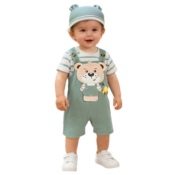 FINALGANG Boys Girls Three Piece Jumpsuit Outfit Baby Infant Short Sleeve Striped Prints Bodysuit Cartoon Suspender Shorts Matching Hat For Daily Outdoor Wear Holiday Set