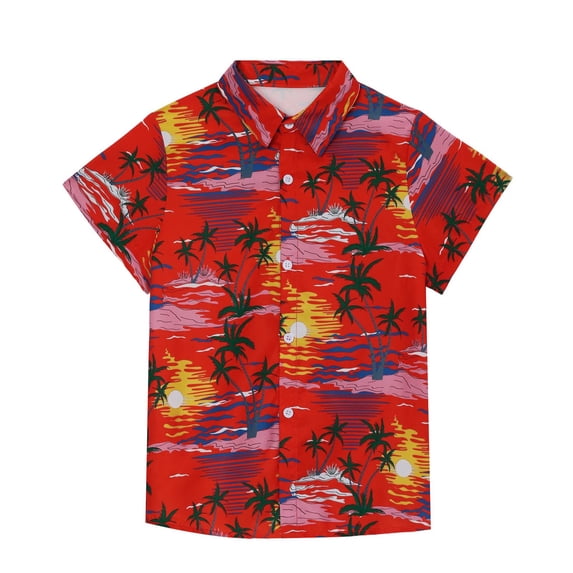 FINALGANG Boys Hawaiian Shirt Casual Kids Button Down Shirt Tropical Print Summer Beach Shirts For Boys Lightweight Holiday Vacation Tops School Wear 5-6 Years