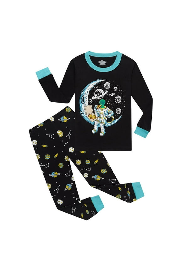 Boys Homewear Outfit Kids Space Astronaut Print Long Sleeve Homewear Set Crewneck Loose Fit Top Elastic Waist Pants Fun Pattern Soft Nightwear For Cool Home Activities Fashionable Set