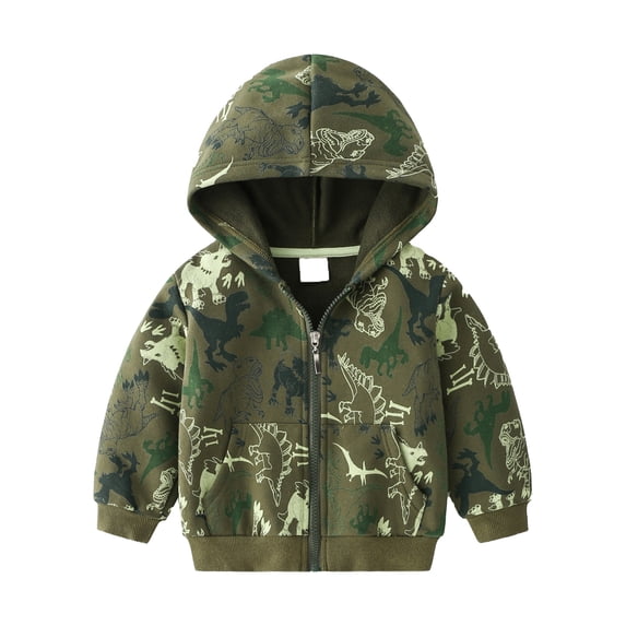 FINALGANG Boys Hoodie Kids Cartoon Dinosaur Prints Long Sleeve Zip Front Loose Fit Sweatshirt For Fall Daily Wear Classic Top