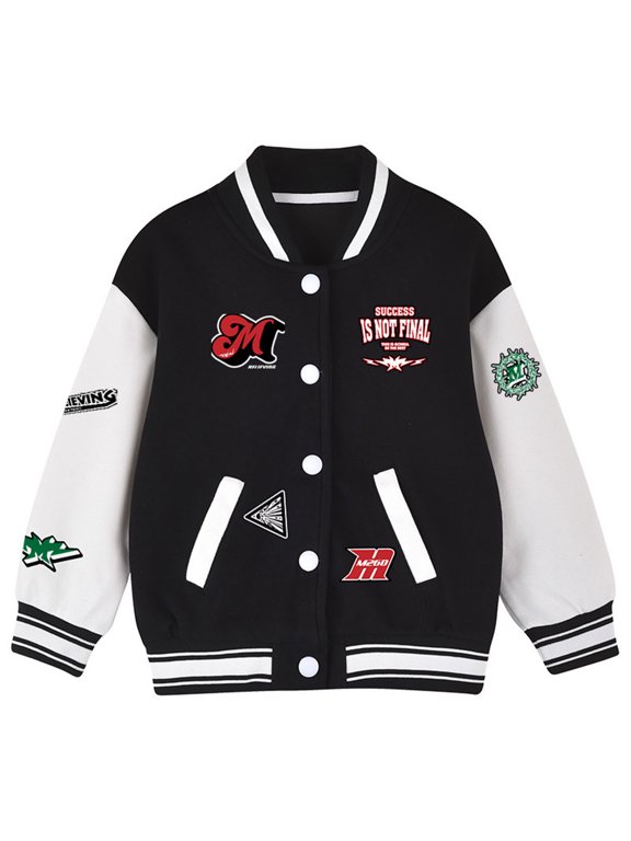 Boys Jacket Warm Windbreaker Letter Printed Color Block Long Sleeve Stand Collar Button Down Baseball Coat With Pockets Boys Trendy Holiday Party Camping Jacket,Black,100