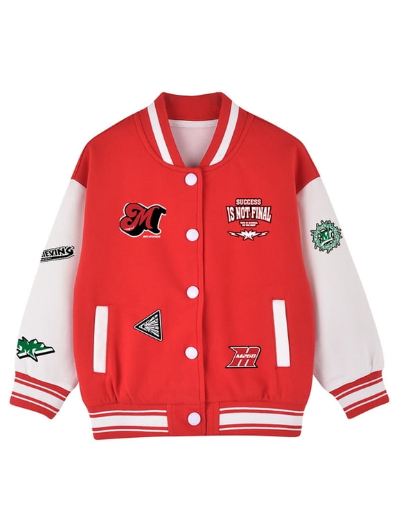Boys Jacket Warm Windbreaker Letter Printed Color Block Long Sleeve Stand Collar Button Down Baseball Coat With Pockets Boys Versatile Birthday Wedding Weekend Jacket,Red,120