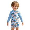 thumbnail image 1 of FINALGANG Boys Kids Cartoon Shark Print One Piece Rash Guard Swimsuit With Stand Collar Half Zip Raglan Long Sleeve Bathing Suit For Summer Beach Activities Casual Swimwear, 1 of 4