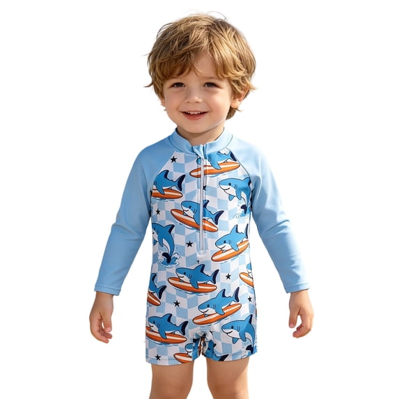 FINALGANG Boys Kids Cartoon Shark Print One Piece Rash Guard Swimsuit With Stand Collar Half Zip Raglan Long Sleeve Bathing Suit For Summer Beach Activities Casual Swimwear